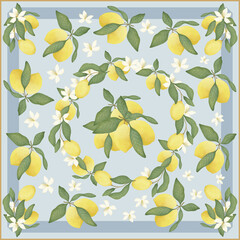 Mediterranean design with lemons and flower on light blue background 