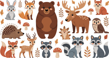 Fototapeta premium Cute Woodland Animals Vector Set with Autumn Leaves and Mushrooms for Fall Nursery Decor and Kids Illustrations