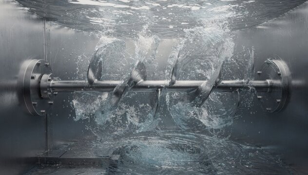 Sideentry mixer in action inside an industrial tank showing dynamic fluid flow and intense mixing of a homogenous liquid batch from a horizontal impeller view.