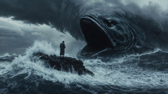 Prophet Jonah facing big fish in dark stormy sea.