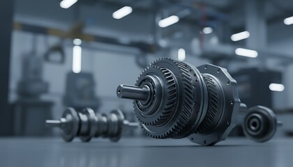 Fototapeta premium Close-up of mechanical gear assembly and transmission parts in a modern industrial factory setting.