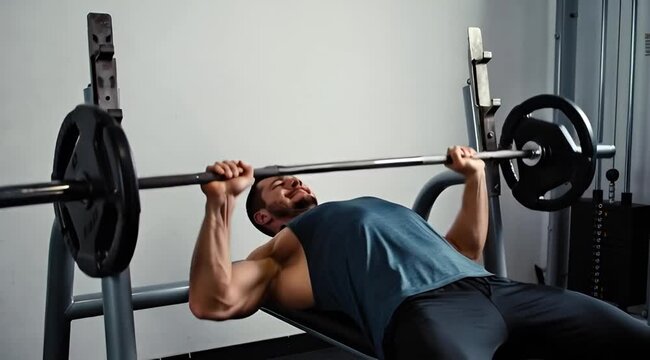 Man Lifting Weights on Bench Press in Gym Environment from Side View