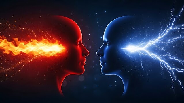 Two profile human heads, one fiery and one electric, face each other against a dark background
