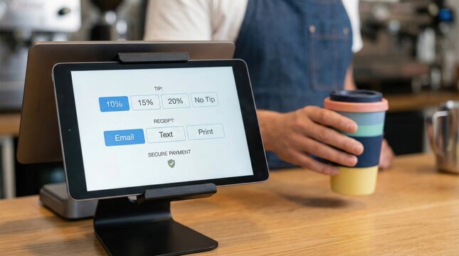 Close-up of Customer-Facing Tablet POS Screen with Secure Payment Shield Icon and Tipping Options in Modern Coffee Shop Concept