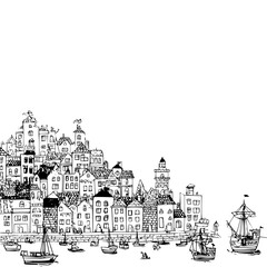 Fototapeta premium Detailed black and white illustration of a seaside town with historic architecture and sailing vessels in the harbor showcasing intricate details and textures