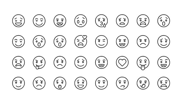 Outline emotion icons set of 30 facial expressions linear editable stroke vector illustration