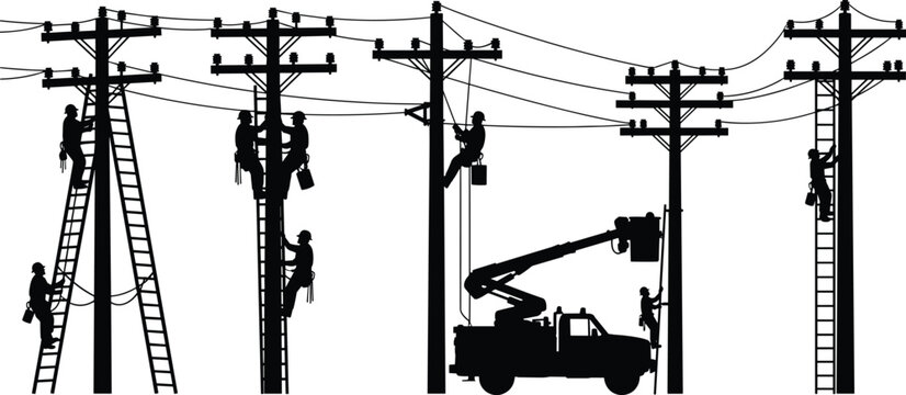 Silhouette of Electrical Line Workers Repairing Power Lines on Utility Poles with Bucket Truck, Electricity Maintenance Crew Working at Height Industrial Energy Infrastructure Concept