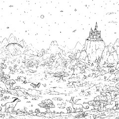 Naklejka premium Fantasy landscape with castle animals and mountains in a magical kingdom scene