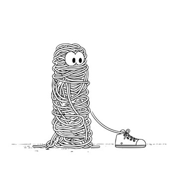 A bundle of tangled threads with eyes pulls a sneaker on a string symbolizing confusion and disorganization in a creative illustrative style