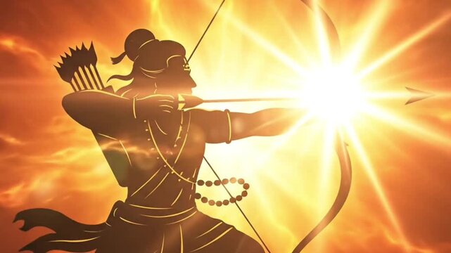 Silhouette of archer with bow and arrow against bright orange background with jai shri ram text