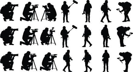 Video production crew silhouettes collection, cameraman with tripod, boom operator and filmmaker shooting documentary footage, media industry black vector illustration isolated