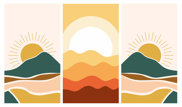 Set of three minimalist landscape posters. Modern flat vector illustration of sun rising over mountains and hills