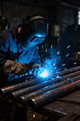 Welder Working with Metal Pipes in Factory.