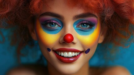 Obraz premium vibrant red curly hair framing a teal backdrop with bare shoulders, playful confident mood