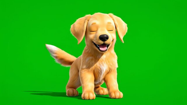 Cute Animated Golden Retriever Puppy Sitting and Smiling on Green Screen Background