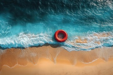 Obraz premium solitary red lifebuoy floating near shoreline with turquoise waves washing over golden sandy beach, calm and peaceful summer scene