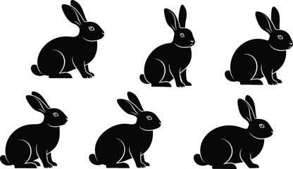 Black Rabbit Silhouette Set with Six Unique Bunny Vector Icons in Various Seated Poses Isolated on White Background for Easter and Nature Graphic Design © SHAPLAKHATUN