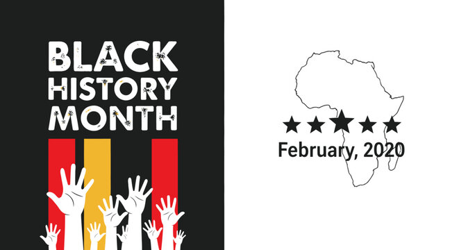 Diverse Hands Raised Celebrating Black History Month with African Map and Stars