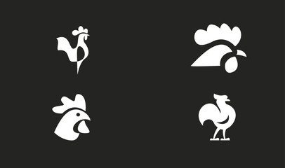 Set of Modern Minimalist White Rooster Logo Designs on Black Background © Alpha Vector