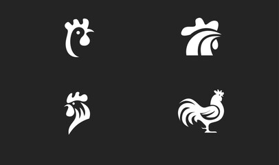 Obraz premium Collection of Stylized White Rooster and Chicken Head Logos and Icons on Dark Background