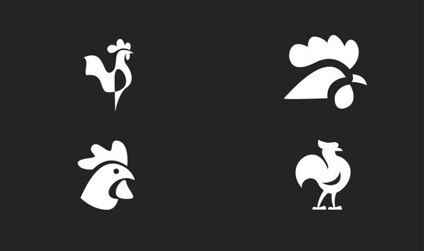 Set of Modern Minimalist White Rooster Logo Designs on Black Background