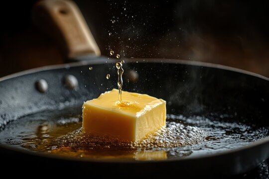sizzling cube of butter melting in a hot skillet with golden droplets splashing and steam rising, warm and appetizing