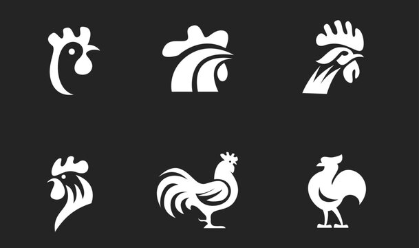 Rooster and Chicken Logos Collection: Six White Vector Icons for Poultry, Farm, and Food Branding
