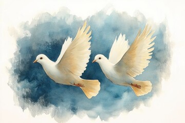 Fototapeta premium Two white doves in flight over a soft blue watercolor sky, graceful and peaceful