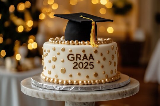 elegant white fondant graduation cake with gold polka dots and pearl trim reading GRAA 2025 topped by a black mortarboard with gold tassel, warm bokeh lights, celebratory joyful mood