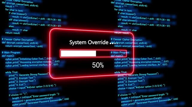 Teal system override Progress Bar on a Background of Computer Code loading programming. 4k animation 