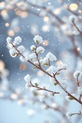 snow-dusted branch with budding leaves, delicate frost and falling snowflakes against soft glowing bokeh, serene winter morning