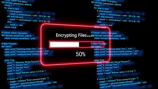 Teal encrypting files Progress Bar on a Background of Computer Code loading programming. 4k animation 