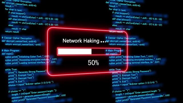 Teal network hiking Progress Bar on a Background of Computer Code loading programming. 4k animation 