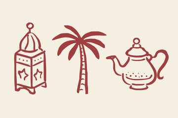 Arabic lantern palm tree and teapot sketch vector illustration © Victoria