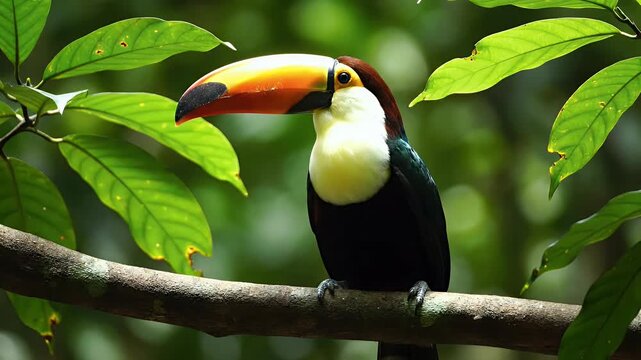 Toco Toucan Perched On Branch In Lush Tropical Rainforest