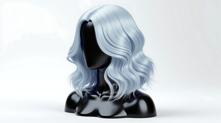 Fototapeta premium Silver wavy bob mannequin head synthetic hair wig glossy black bust realistic render, elegant calm styling