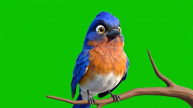Animated Bluebird Chirping and Flapping Wings on Branch Green Screen Loop