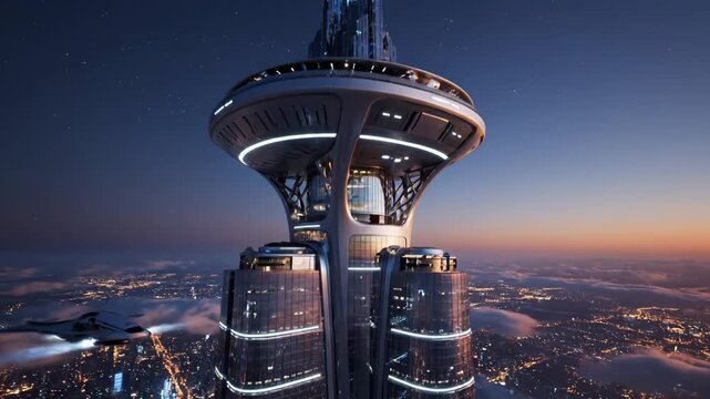 Dynamic Futuristic Metropolis: Sleek Flying Vehicles Navigate a Towering Skyscraper at Twilight