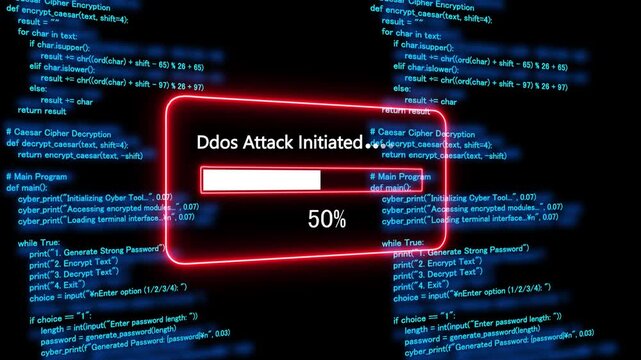 Teal ddos attack initiated Progress Bar on a Background of Computer Code loading programming. 4k animation 