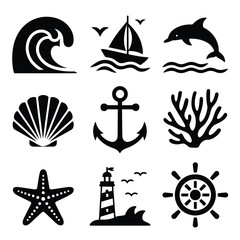 Black silhouettes depict nautical elements including waves boats and marine life © ariyan
