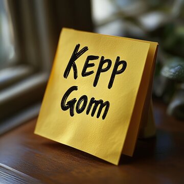 yellow folded sticky note on wooden table with black handwritten 'kepp gom', blurred potted plant and window in background, soft morning light, cozy calm mood