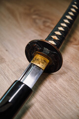 Japanese black katana sword close-up