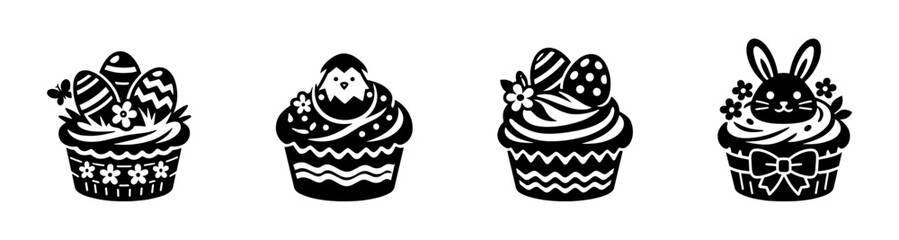 Easter cupcakes vector icons set featuring festive bakery symbols