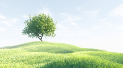 A serene landscape features a solitary tree atop a gentle green hill under a clear sky, Ideal for wellness themes, nature conservation, or tranquility-related projects,