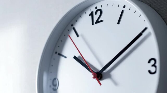 A single black office wall clock with a circular dial and numbers represents the business time concept of a deadline on a white background