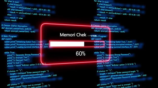 Teal memory cheek Progress Bar on a Background of Computer Code loading programming. 4k animation 