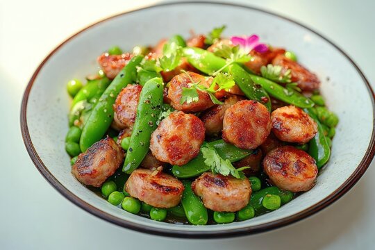 Bowl of glazed pan-seared sausage medallions with bright sugar snap peas, green peas, cilantro and edible flower garnish, fresh vibrant and appetizing