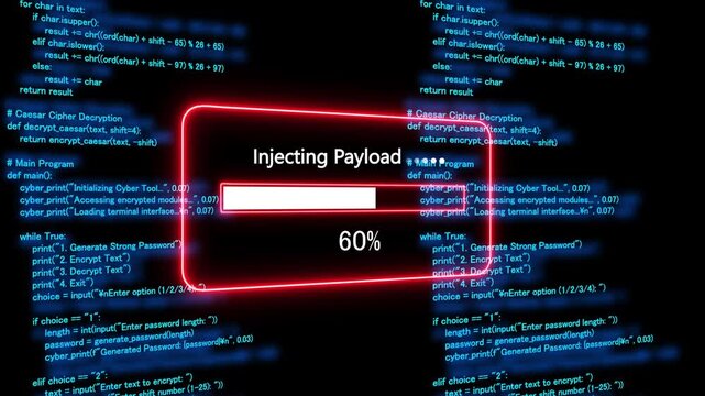 Teal injecting payload Progress Bar on a Background of Computer Code loading programming. 4k animation 