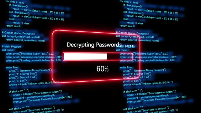 Teal decrypting passwords Progress Bar on a Background of Computer Code loading programming. 4k animation 