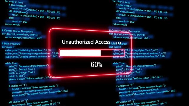Teal unauthorized access Progress Bar on a Background of Computer Code loading programming. 4k animation 